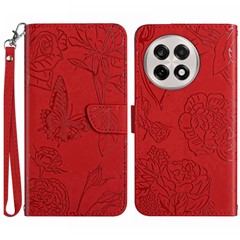 For OnePlus 13 Case Butterfly Flower Imprinted Leather Phone Cover with Strap - Red