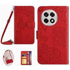For OnePlus 13R 5G Case Butterfly Flower Imprint Leather Phone Cover with Shoulder Strap - Red