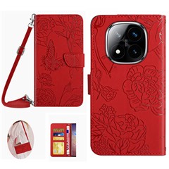 For Xiaomi Redmi Note 14 Pro 4G Case Butterfly Flower Imprint Leather Phone Cover with Shoulder Strap - Red