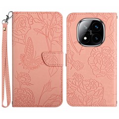 For Xiaomi Redmi Note 14 Pro 4G Case Butterfly Flower Imprinted Leather Phone Cover with Strap - Pink