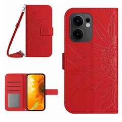 For Oppo Reno13 F 5G (Reno 13 FS 5G) / 4G Case Sunflower Imprint PU Leather Phone Cover with Long Strap - Red