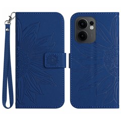 For Oppo Reno13 F 5G (Reno 13 FS 5G) / 4G Case Sunflower Imprint Leather Wallet Phone Cover with Wrist Strap - Sapphire