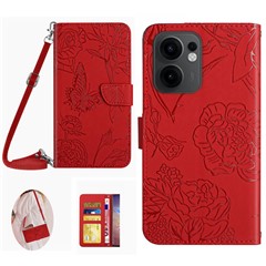For Oppo Reno13 F 5G (Reno 13 FS 5G) / 4G Case Butterfly Flower Imprint Leather Phone Cover with Shoulder Strap - Red