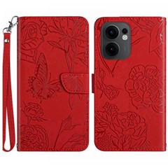 For Oppo Reno13 F 5G (Reno 13 FS 5G) / 4G Case Butterfly Flower Imprinted Leather Phone Cover with Strap - Red