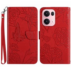 For Oppo Reno13 Pro 5G Case Butterfly Flower Imprinted Leather Phone Cover with Strap - Red