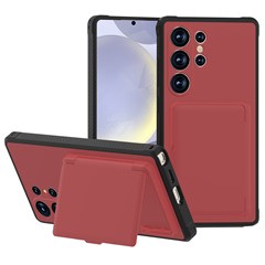 For Samsung Galaxy S25 Ultra Case with Card Holder Hidden Mirror PC + TPU Kickstand Phone Cover - Red