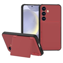 For Samsung Galaxy S25+ Case with Card Holder Hidden Mirror PC + TPU Kickstand Phone Cover - Red