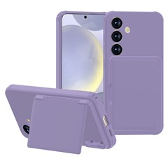 For Samsung Galaxy S25 Case with Card Holder Hidden Mirror PC + TPU Kickstand Phone Cover - Light Purple