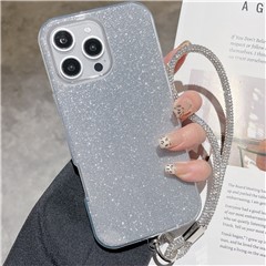 For iPhone 16 Pro Max Case with Wrist Strap TPU Phone Back Cover Glitter Design - Silver