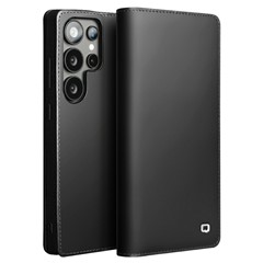 QIALINO For Samsung Galaxy S25 Ultra Case Wallet Flip Stand Phone Cover Genuine Cow Leather - Black