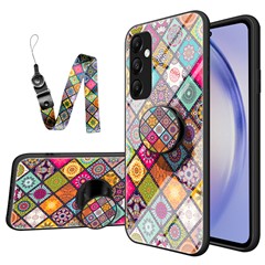 For Samsung Galaxy S25 Case Kickstand Ethnic Pattern Tempered Glass Phone Cover with Strap - Color Pattern