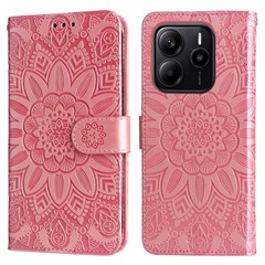 For Xiaomi Redmi Note 14 4G (163.25mm) Case Sunflower Imprint Leather Wallet Phone Cover - Pink