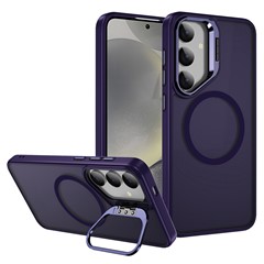 For Samsung Galaxy S25 Magnetic Case with Lens Kickstand Skin-Touch PC + TPU Phone Cover - Dark Purple