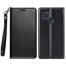 HANMAN Minuo Series for Samsung Galaxy A21s Anti-wear Phone Cover PU Leather Full Protection Cell Phone Case Wallet Stand - Black