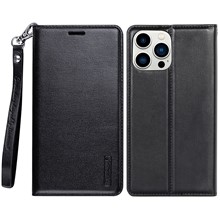 HANMAN Minuo Series for iPhone 14 Pro Max PU Leather + TPU Case Full Body Protection Magnetic Auto-absorbed Phone Cover with Stand Wallet - Black