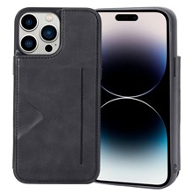 HANMAN Mika Series For iPhone 14 Pro Max Card Holder Magnetic Button Phone Case PU Leather Coated TPU Cover - Black