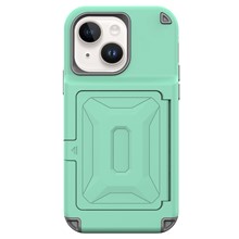 Cardcase Series Kickstand Phone Case for iPhone 14, Mirror Function Card Holder PC + TPU Thickened Hybrid Cover - Green
