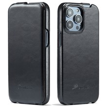 For iPhone 14 Pro Vertical Flip Down Cover Imprinted Pattern Crazy Horse Texture PU Leather Anti-Scratch Cell Phone Case - Black