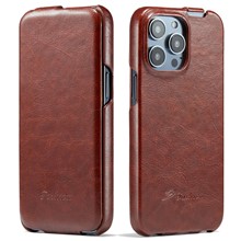 For iPhone 14 Pro Max Vertical Flip PU Leather Phone Case Imprinted Pattern Crazy Horse Texture Shockproof Protective Cover - Brown