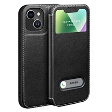 Anti-Fall Phone Case for iPhone 14 Plus Folio Flip Protective Cover Genuine Cowhide Leather Phone Stand Case with Dual Window View - Black