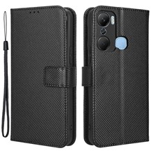For Infinix Hot 12 Pro 4G X668C PU Leather Flip Folio Case Diamond Texture Stand Soft TPU Inner Shell Phone Cover with Strap - Black