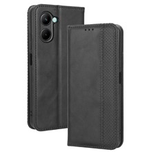 For Realme C33 4G Retro Texture PU Leather Flip Wallet Cover Stand Magnetic Auto Closing Imprinted Pattern Phone Case - Black