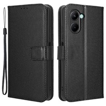 For Realme C33 4G  Diamond Texture PU Leather Flip Phone Case Wallet Stand Design Folio Cover with Strap - Black