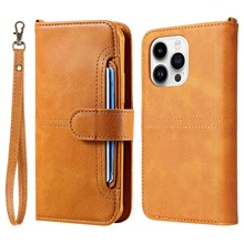 For iPhone 14 Pro Leather Case with Detachable Wallet and Strap Cell Phone Cover - Orange