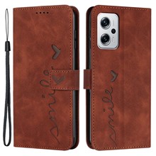 Anti-scratch Phone Cover For Xiaomi Redmi Note 11T Pro 5G / Note 11T Pro+ 5G / Note 12T Pro 5G / Poco X4 GT 5G / Redmi K50i 5G , Heart Shape Imprinted Skin-touch PU Leather Wallet Case Stand - Brown