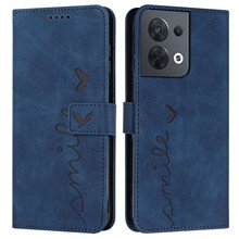 For Oppo Reno8 5G (Global Version) / Reno8 5G Heart Shape Imprinting Phone Wallet Stand Case Skin-touch PU Leather Protective Cover - Sapphire