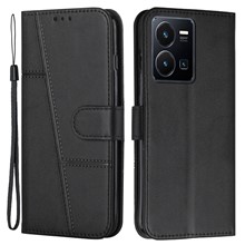 For vivo Y35 4G (2022) / Y22 4G / Y22s 4G Stitching PU Leather Wallet Phone Case Stand Magnetic Flip Protective Cover with Strap - Black