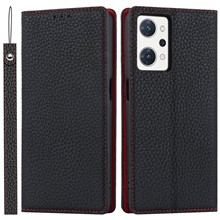 For Oppo Reno7 A (Japan Version) 5G Litchi Texture Genuine Leather Case Folio Flip Wallet Stand Phone Protective Cover with Hand Strap - Black