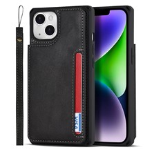 For iPhone 14 Plus Kickstand Function Magnetic Snap Button Phone Cover Shell  Anti-scratch PU Leather+TPU Phone Case with Card Slot and Strap - Black