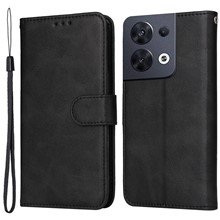 For Oppo Reno8 5G (Global Version) / Reno8 5G Stand Wallet Shockproof Phone Case Calf Texture PU Leather + TPU Cover with Wrist Strap - Black