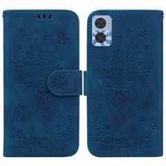 For Motorola Moto E22 4G / E22i 4G Imprinted Rose Butterfly Wallet Case PU Leather Stand Magnetic Protective Folio Phone Cover with Strap - Blue