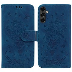 For Samsung Galaxy A14 5G / A14 4G PU Leather Wallet Phone Case Rose Butterfly Imprinted Magnetic Closure Stand Folio Cover with Strap - Blue