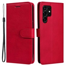 For Samsung Galaxy S23 Ultra Case Solid Color Leather Mobile Cover Wallet Stand with Strap - Red