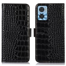 For Motorola Moto E22 4G / E22i 4G Genuine Cowhide Leather Flip Folio Case RFID Blocking Stand Crocodile Texture Wallet Phone Cover - Black