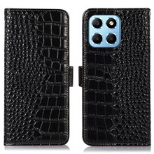 For Honor X8 5G RFID Blocking Wallet Phone Case Crocodile Texture Genuine Cowhide Leather Stand Magnetic Protect Flip Cover - Black