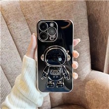 Electroplating Phone Case for iPhone 14 Pro Max, Astronaut Kickstand Design TPU Protective Back Cover - Black