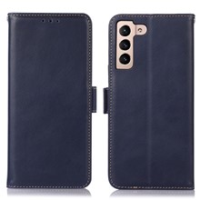 For Samsung Galaxy S23 RFID Blocking Genuine Cowhide Leather Wallet Cover Crazy Horse Texture Magnetic Clasp Stand Book Protective Phone Case - Blue