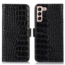 For Samsung Galaxy S23+ Crocodile Texture Wallet Flip Cover Genuine Cowhide Leather Stand RFID Blocking Magnetic Phone Case - Black