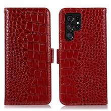 For Samsung Galaxy S23 Ultra Genuine Cowhide Leather Wallet Case Crocodile Texture RFID Blocking Stand Magnetic Flip Phone Cover - Red