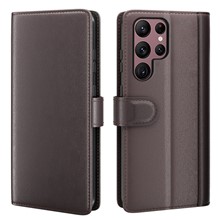 For Samsung Galaxy S23 Ultra Case Genuine Split Leather Phone Cover with Wallet Stand - Brown