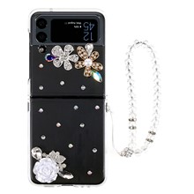 For Samsung Galaxy Z Flip4 5G White Camellia Rhinestone Design Glitter Sparkly Cover Hard PC Anti-scratch Phone Case with Bracelet Strap
