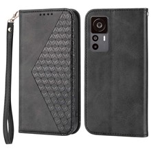 For Xiaomi 12T 5G / Redmi K50 Ultra 5G Rhombus Pattern Imprinted PU Leather Stand Case Calf Texture Shockproof Phone Wallet Cover with Strap - Black
