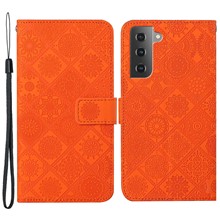 Cell Phone Case for Samsung Galaxy S23, PU Leather Wallet Ethnic Style Imprinted Flower Stand Cover with Strap - Orange