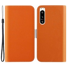 For Sony Xperia 5 IV 5G Cell Phone Cover PU Leather+TPU Litchi Texture Phone Stand Anti-fingerprint Dustproof Wallet Case - Orange