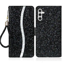 For Samsung Galaxy A14 5G / 4G Phone Case Glittery Powder PU Leather Foldable Stand Wallet Style Flip Shell with Wrist Strap - Black