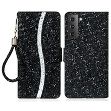 For Samsung Galaxy S23 Glitter Bling Splicing Design PU Leather Phone Wallet Case Flip Stand Protective Shell with Hand Strap - Black